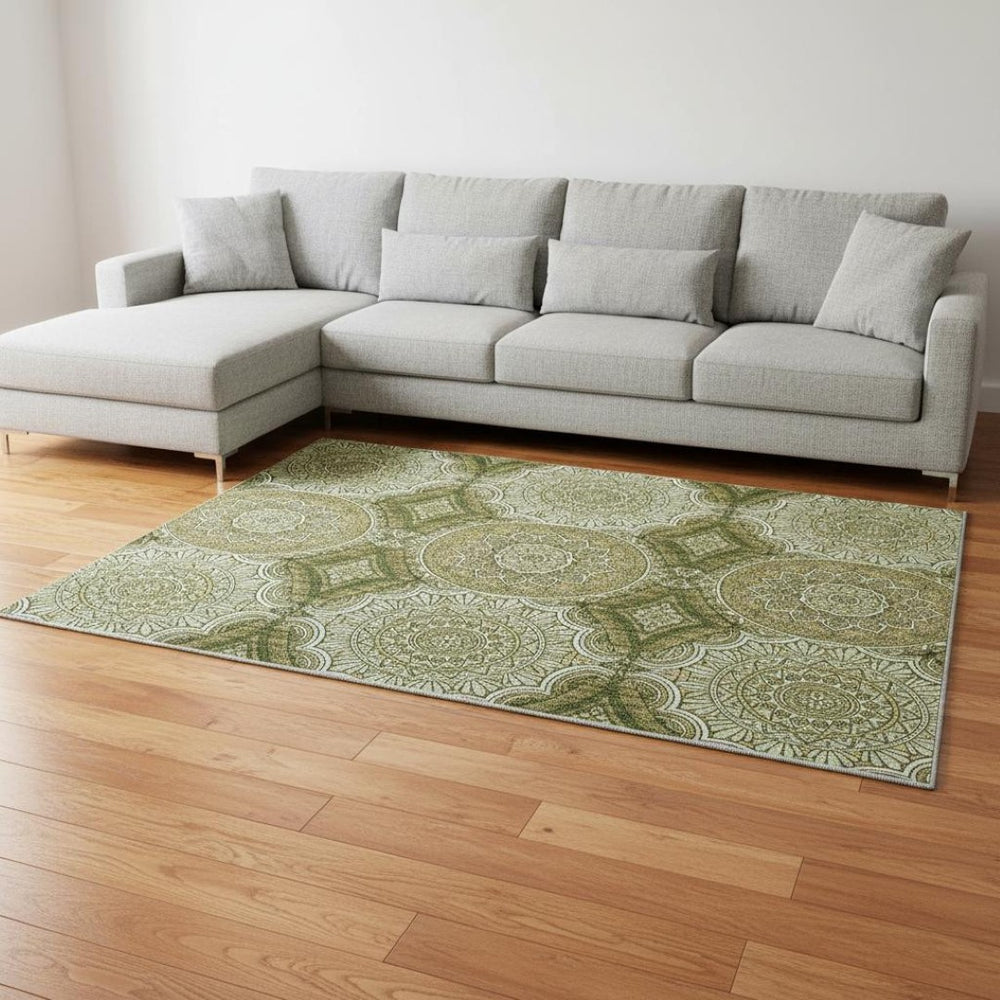 HomeRoots 9' X 12' Washable Olive Green Ogee Area Rug with UV Protection, Soft Durable Design for Busy Homes 677105