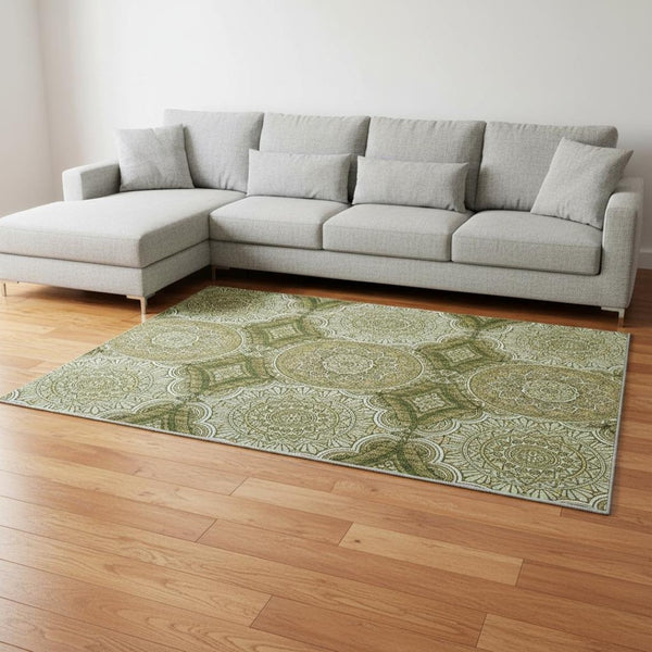 HomeRoots 9' X 12' Washable Olive Green Ogee Area Rug with UV Protection, Soft Durable Design for Busy Homes 677105
