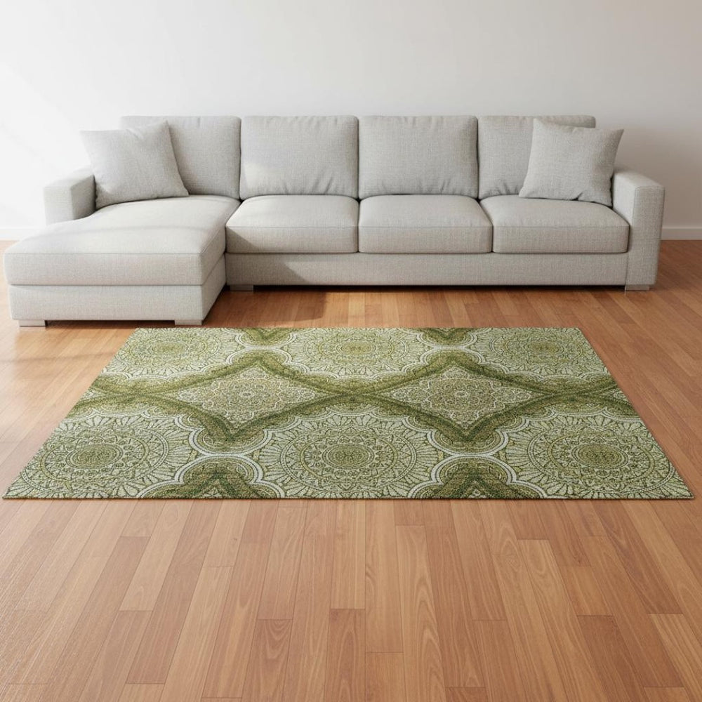 HomeRoots 10' Ogee Area Rug in Olive Green, Gold & Ivory – Washable, UV-Protected, Durable for Busy Homes 677106