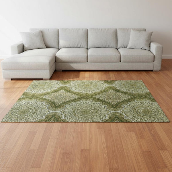 HomeRoots 10' Ogee Area Rug in Olive Green, Gold & Ivory – Washable, UV-Protected, Durable for Busy Homes 677106