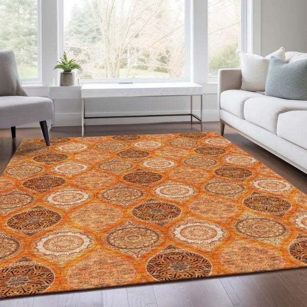 HomeRoots 5' Ogee Washable Area Rug in Orange, Ivory & Gray – UV Protected, Stain Resistant, Easy Care! 677108