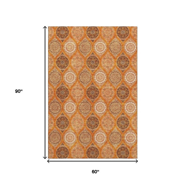 HomeRoots 5' Ogee Washable Area Rug in Orange, Ivory & Gray – UV Protected, Stain Resistant, Easy Care! 677108