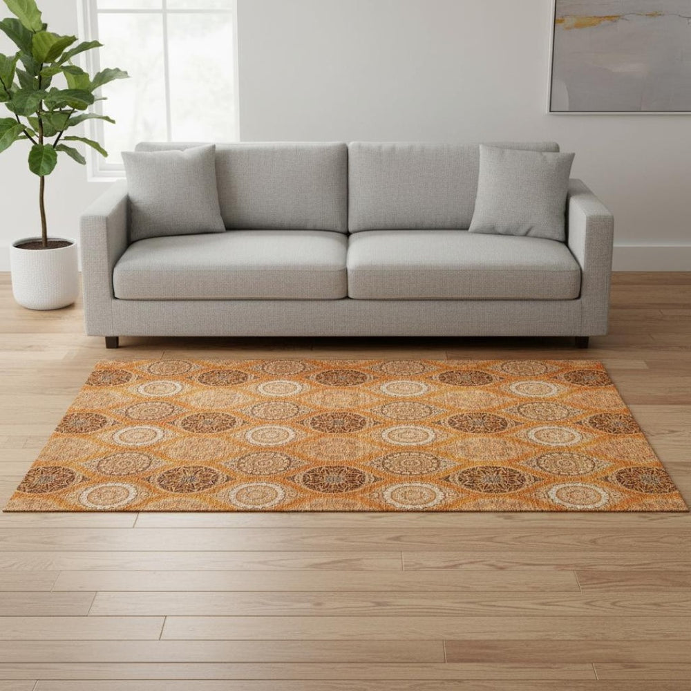 HomeRoots 5' Ogee Washable Area Rug in Orange, Ivory & Gray – UV Protected, Stain Resistant, Easy Care! 677108