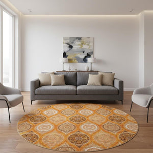 HomeRoots 8' Washable Round Rug with UV Protection – Bold Orange, Ivory, Gray Ogee Design for High-Traffic Spaces 677109