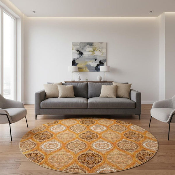 HomeRoots 8' Washable Round Rug with UV Protection – Bold Orange, Ivory, Gray Ogee Design for High-Traffic Spaces 677109