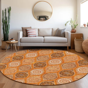 HomeRoots 8' Washable Round Rug with UV Protection – Bold Orange, Ivory, Gray Ogee Design for High-Traffic Spaces 677109