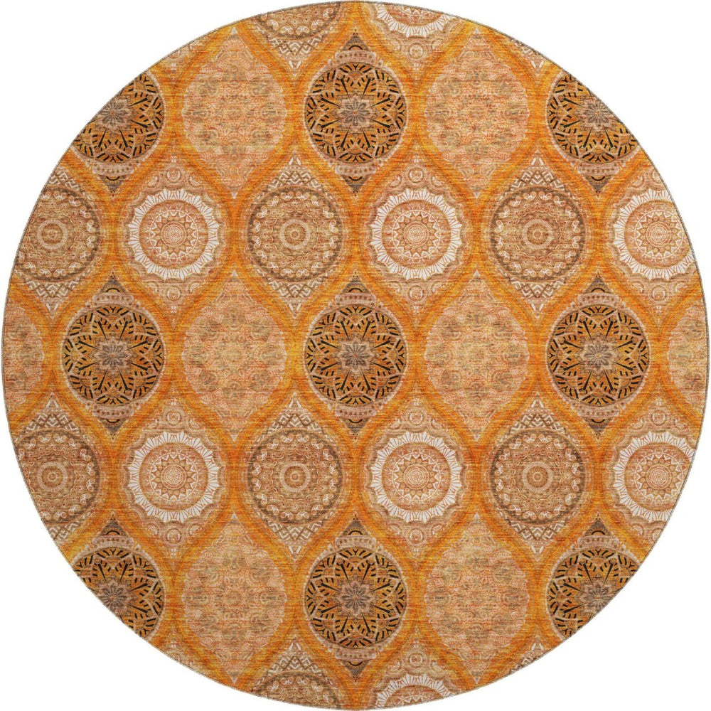 HomeRoots 8' Washable Round Rug with UV Protection – Bold Orange, Ivory, Gray Ogee Design for High-Traffic Spaces 677109