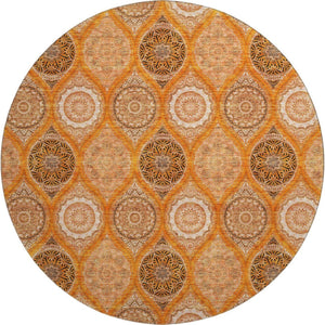 HomeRoots 8' Washable Round Rug with UV Protection – Bold Orange, Ivory, Gray Ogee Design for High-Traffic Spaces 677109