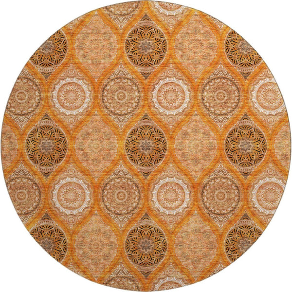 HomeRoots 8' Washable Round Rug with UV Protection – Bold Orange, Ivory, Gray Ogee Design for High-Traffic Spaces 677109