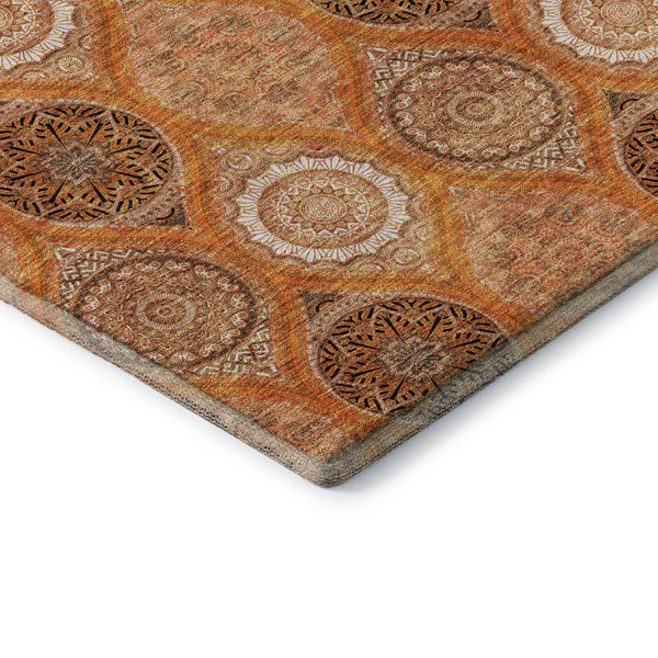 HomeRoots 8' Washable Round Rug with UV Protection – Bold Orange, Ivory, Gray Ogee Design for High-Traffic Spaces 677109