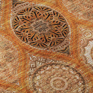 HomeRoots 8' Washable Round Rug with UV Protection – Bold Orange, Ivory, Gray Ogee Design for High-Traffic Spaces 677109