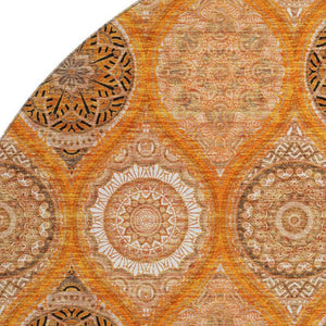 HomeRoots 8' Washable Round Rug with UV Protection – Bold Orange, Ivory, Gray Ogee Design for High-Traffic Spaces 677109