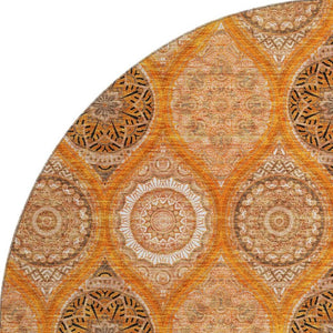 HomeRoots 8' Washable Round Rug with UV Protection – Bold Orange, Ivory, Gray Ogee Design for High-Traffic Spaces 677109