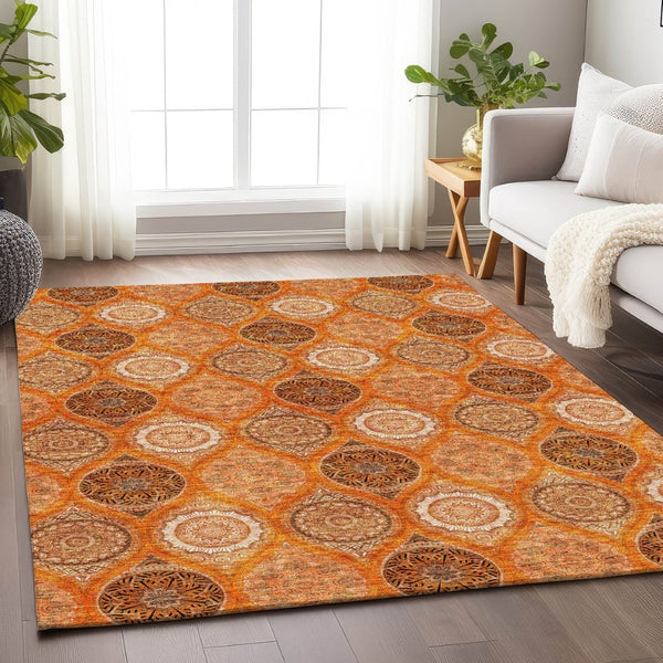 HomeRoots 8' X 10' Washable Ogee Area Rug in Orange, Ivory & Gray – Durable, Stain-Resistant & UV Protected! 677110