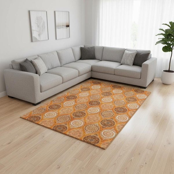 HomeRoots 8' X 10' Washable Ogee Area Rug in Orange, Ivory & Gray – Durable, Stain-Resistant & UV Protected! 677110