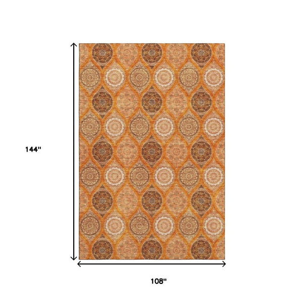 HomeRoots 9' X 12' Washable Orange Ivory Gray Ogee Area Rug with UV Protection – Modern Elegance for Every Room 677111