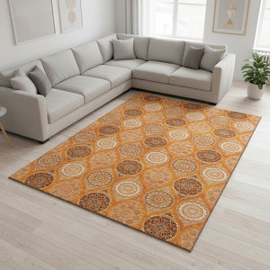 HomeRoots 9' X 12' Washable Orange Ivory Gray Ogee Area Rug with UV Protection – Modern Elegance for Every Room 677111
