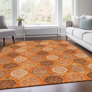 HomeRoots 10' Ogee Washable Area Rug in Orange, Ivory & Gray – UV Protected, Stain Resistant, Durable Design! 677112