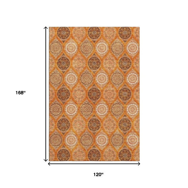 HomeRoots 10' Ogee Washable Area Rug in Orange, Ivory & Gray – UV Protected, Stain Resistant, Durable Design! 677112
