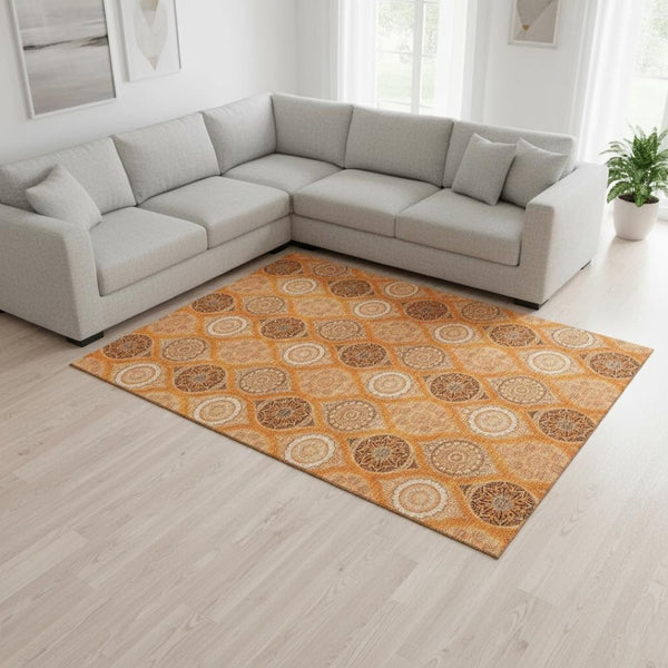 HomeRoots 10' Ogee Washable Area Rug in Orange, Ivory & Gray – UV Protected, Stain Resistant, Durable Design! 677112