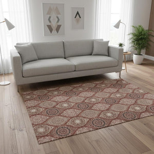 HomeRoots 5' X 8' Transitional Ogee Area Rug in Rust Beige & Brick Red - Washable, UV-Protected, Durable Design 677114