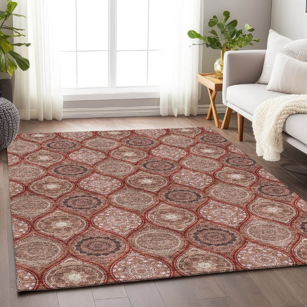 HomeRoots 5' X 8' Transitional Ogee Area Rug in Rust Beige & Brick Red - Washable, UV-Protected, Durable Design 677114