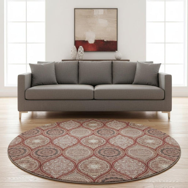 HomeRoots 8' Washable Round Rug with UV Protection in Rust Beige & Brick Red Ogee Pattern for Any Room 677115