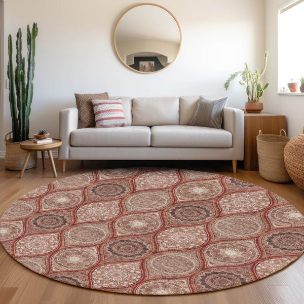 HomeRoots 8' Washable Round Rug with UV Protection in Rust Beige & Brick Red Ogee Pattern for Any Room 677115