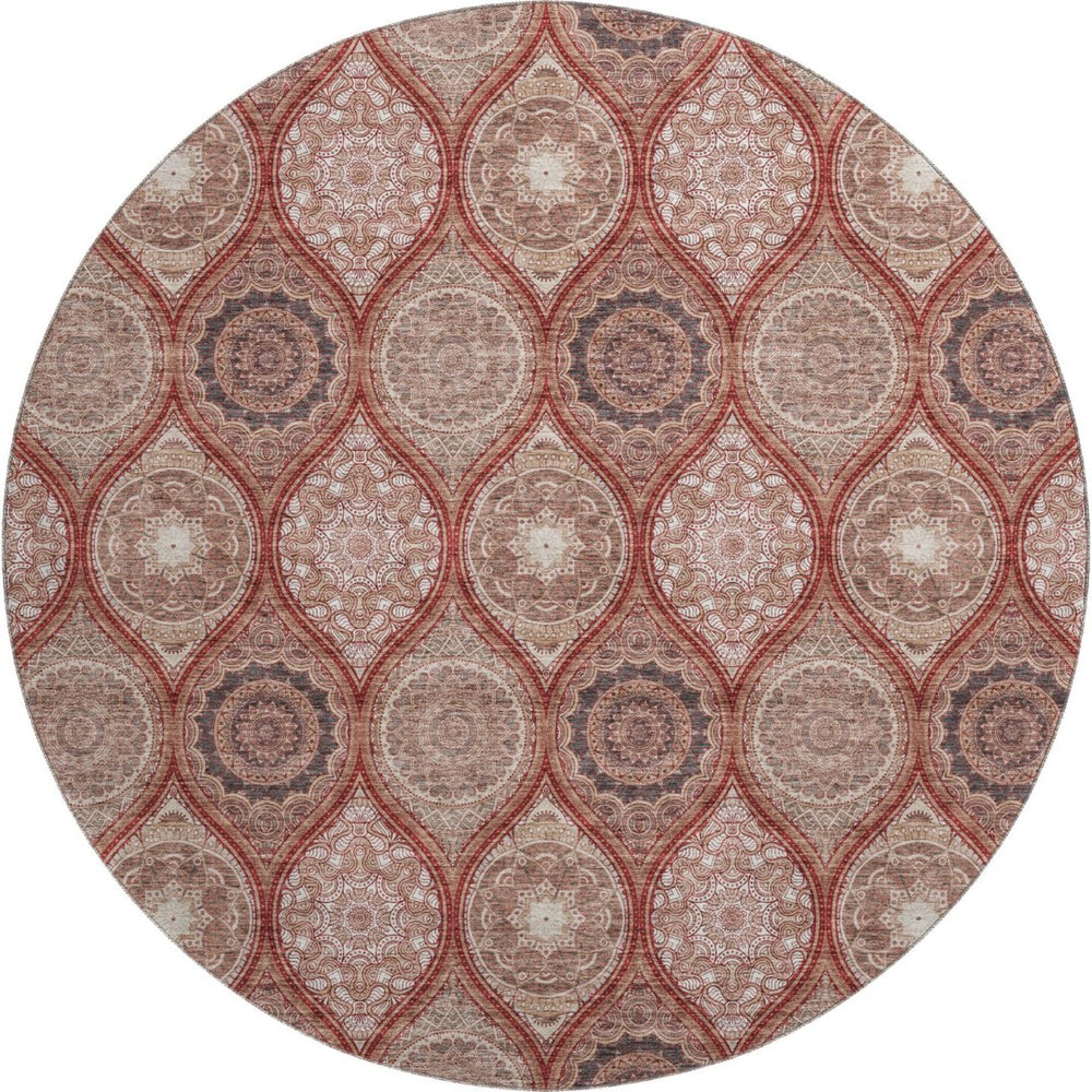 HomeRoots 8' Washable Round Rug with UV Protection in Rust Beige & Brick Red Ogee Pattern for Any Room 677115
