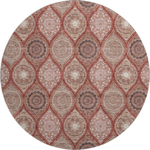 HomeRoots 8' Washable Round Rug with UV Protection in Rust Beige & Brick Red Ogee Pattern for Any Room 677115