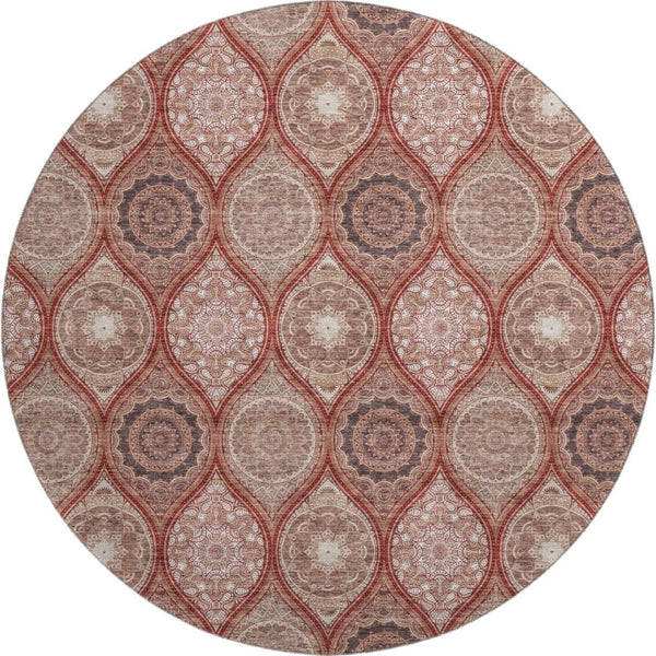HomeRoots 8' Washable Round Rug with UV Protection in Rust Beige & Brick Red Ogee Pattern for Any Room 677115