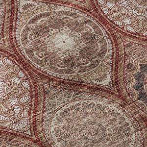 HomeRoots 8' Washable Round Rug with UV Protection in Rust Beige & Brick Red Ogee Pattern for Any Room 677115