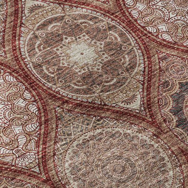 HomeRoots 8' Washable Round Rug with UV Protection in Rust Beige & Brick Red Ogee Pattern for Any Room 677115