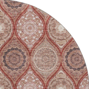 HomeRoots 8' Washable Round Rug with UV Protection in Rust Beige & Brick Red Ogee Pattern for Any Room 677115