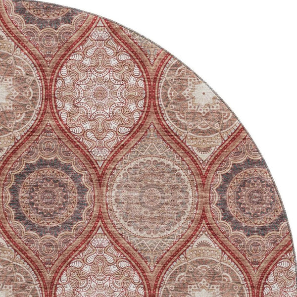 HomeRoots 8' Washable Round Rug with UV Protection in Rust Beige & Brick Red Ogee Pattern for Any Room 677115
