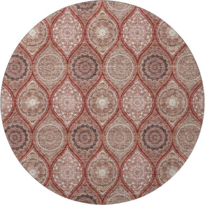 HomeRoots 8' Washable Round Rug with UV Protection in Rust Beige & Brick Red Ogee Pattern for Any Room 677115