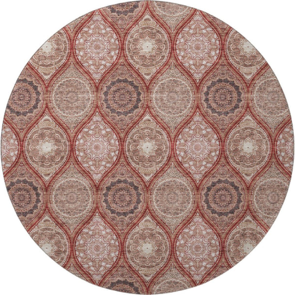 HomeRoots 8' Washable Round Rug with UV Protection in Rust Beige & Brick Red Ogee Pattern for Any Room 677115