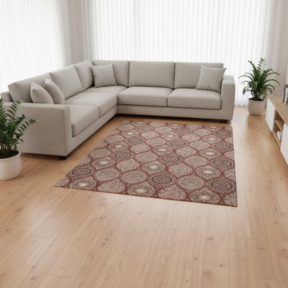HomeRoots 8' X 10' Ogee Washable Area Rug in Rust Beige & Brick Red - Stain Resistant, UV Protected, Durable Design 677116
