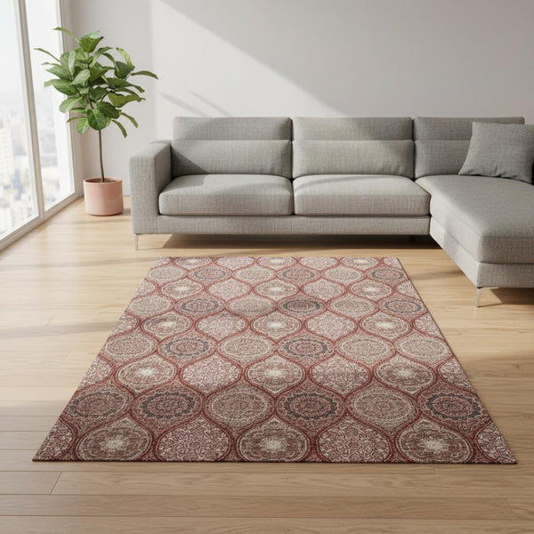 HomeRoots 9' X 12' Ogee Area Rug in Rust Beige & Brick Red - Durable, Washable, UV Protected & Stain Resistant 677117