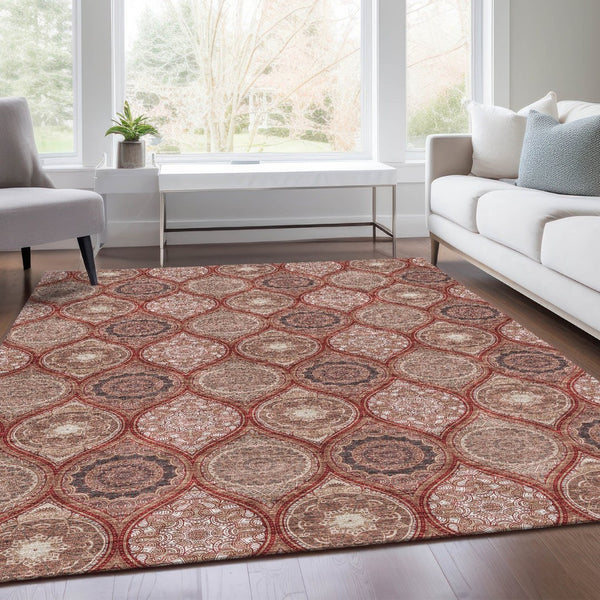 HomeRoots 9' X 12' Ogee Area Rug in Rust Beige & Brick Red - Durable, Washable, UV Protected & Stain Resistant 677117