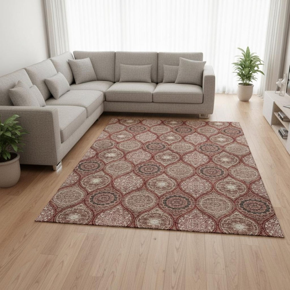 HomeRoots 10' Ogee Area Rug in Rust Beige & Brick Red - Washable, UV-Protected, Stain-Resistant Design 677118