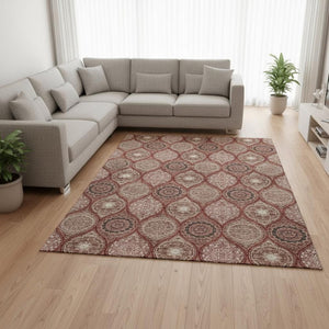 HomeRoots 10' Ogee Area Rug in Rust Beige & Brick Red - Washable, UV-Protected, Stain-Resistant Design 677118