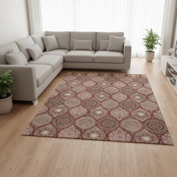 HomeRoots 10' Ogee Area Rug in Rust Beige & Brick Red - Washable, UV-Protected, Stain-Resistant Design 677118