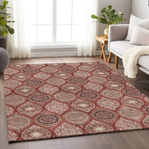 HomeRoots 10' Ogee Area Rug in Rust Beige & Brick Red - Washable, UV-Protected, Stain-Resistant Design 677118