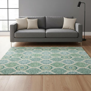 HomeRoots 5' X 8' Elegant Sage Ivory Teal Ogee Area Rug - Durable, Stain Resistant, UV Protected for Daily Use 677120