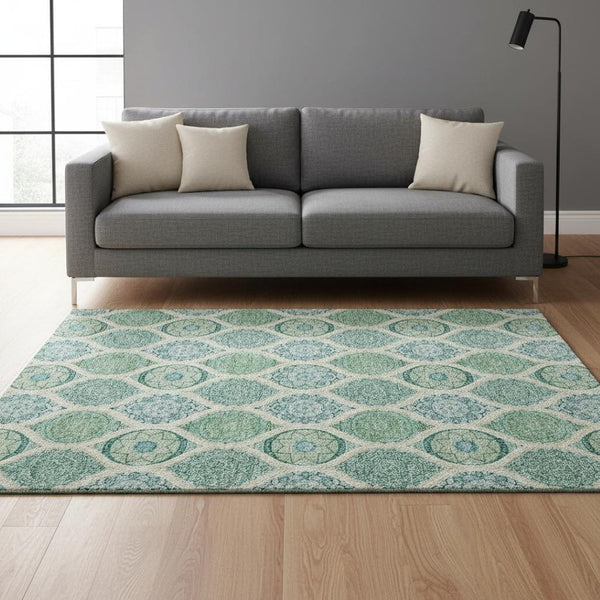 HomeRoots 5' X 8' Elegant Sage Ivory Teal Ogee Area Rug - Durable, Stain Resistant, UV Protected for Daily Use 677120