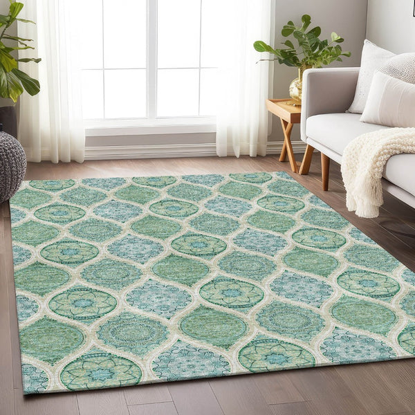 HomeRoots 5' X 8' Elegant Sage Ivory Teal Ogee Area Rug - Durable, Stain Resistant, UV Protected for Daily Use 677120