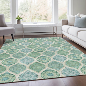 HomeRoots 5' X 8' Elegant Sage Ivory Teal Ogee Area Rug - Durable, Stain Resistant, UV Protected for Daily Use 677120