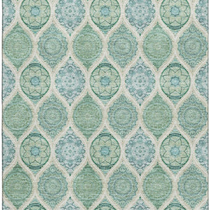 HomeRoots 5' X 8' Elegant Sage Ivory Teal Ogee Area Rug - Durable, Stain Resistant, UV Protected for Daily Use 677120
