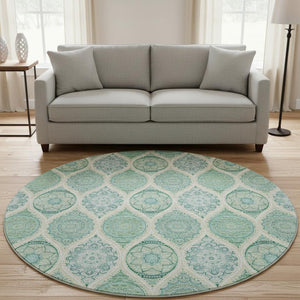 HomeRoots 8' Sage, Ivory & Teal Ogee Round Rug – Washable, UV-Protected, Stain-Resistant for Family Spaces 677121